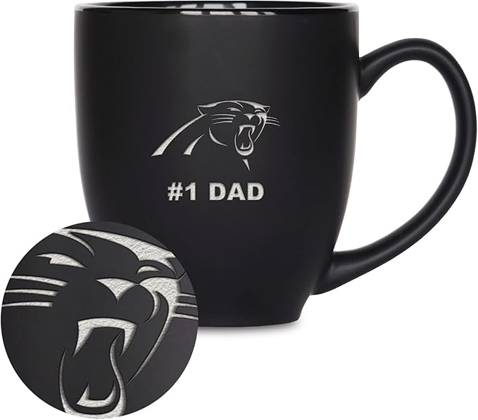 Rico Industries NFL Football #1 Dad 15oz Laser Engraved Matte Black Ceramic Bistro Mug - for Hot or Cold Drinks