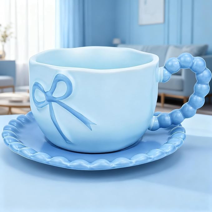 Bow Coffee Mug Blue Coquette Coffee Mugs Set with Saucer 12 OZ Porcelain Tea Cup Bow Cute Mug for Women Girl