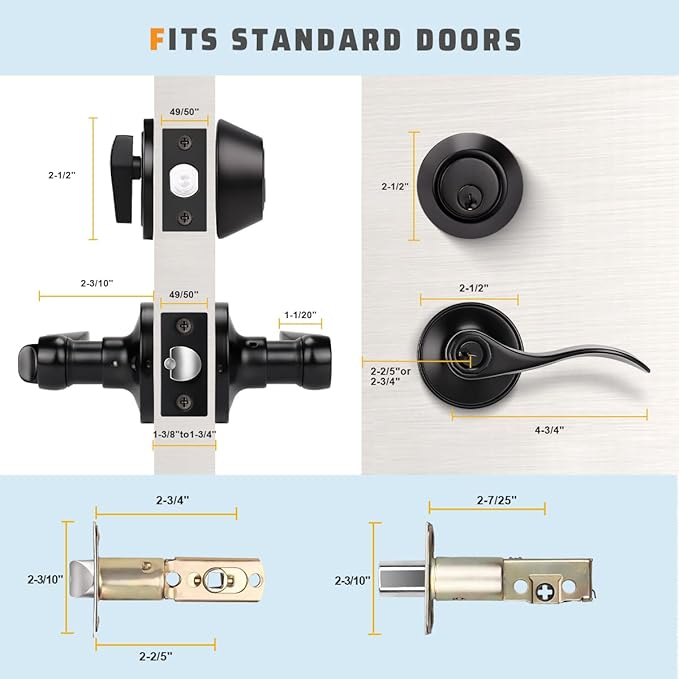 KNOBWELL 3 Pack Exterior Door Lock Set with Deadbolt Front Door Entry Lever Lockset with Single Cylinder Deadbolt, Aged Matte Black - Keyed Alike