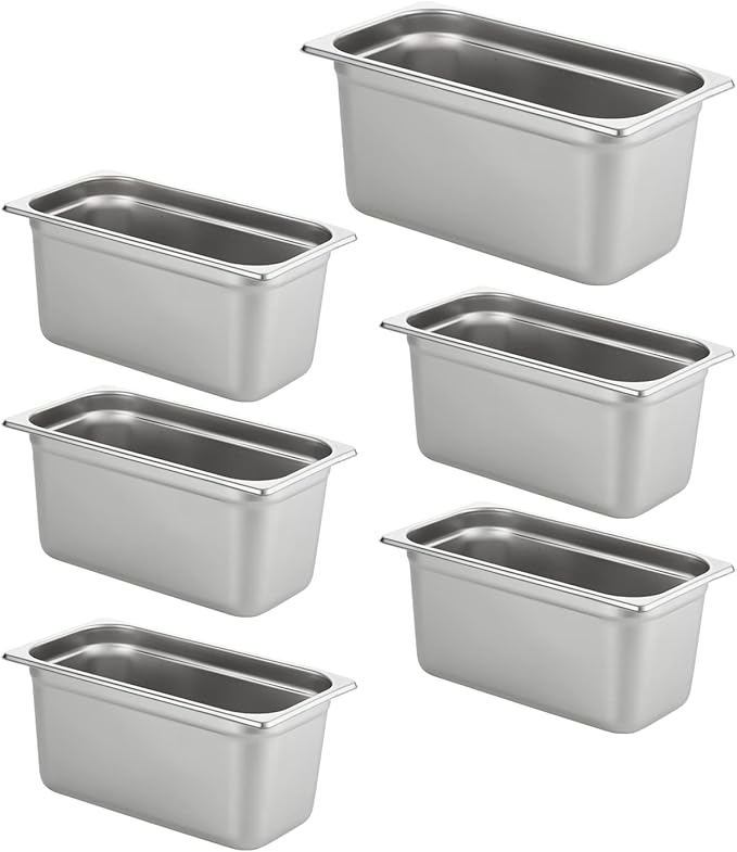 HECMAC 6 Pack Anti-Jam Hotel Pans, 1/3 Size 6 Inch Deep, Commercial Stainless Steel Chafing Steam Table Pan, Catering Storage Metal Food Pan, 23 Gauge