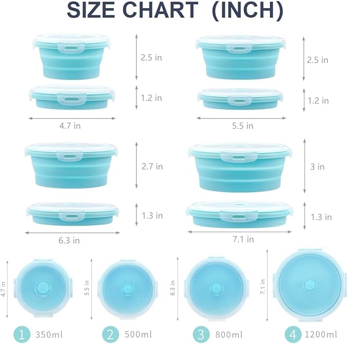 Collapsible Bowls For Camping, Set of 4 Silicone Food Storage Containers with Lids, Rv storage and organization, Rv Kitchen Accessories, BPA Free, Microwavable, Freezer, Dishwasher Safe (Round-Blue)