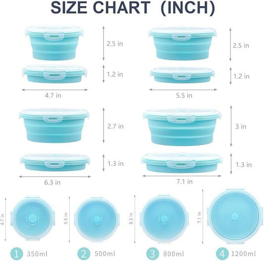 Collapsible Bowls For Camping, Set of 4 Silicone Food Storage Containers with Lids, Rv storage and organization, Rv Kitchen Accessories, BPA Free, Microwavable, Freezer, Dishwasher Safe (Round-Blue)