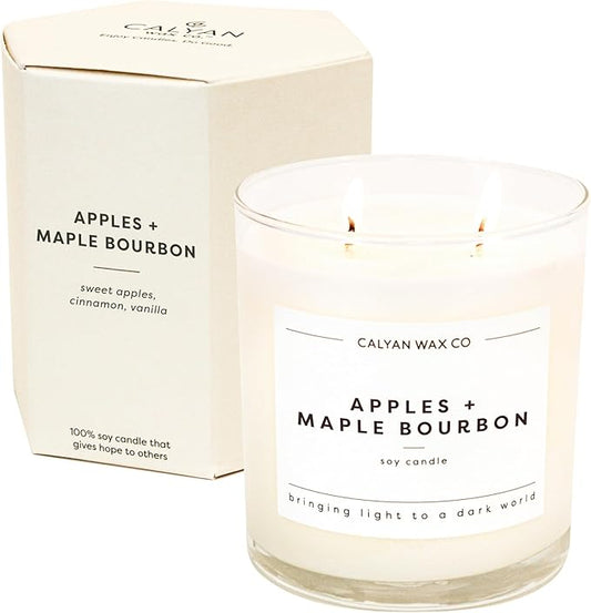 Calyan Wax Co. Apples & Maple Bourbon 2 Wick Scented Candle - 37 Hour Burn - Luxury Non Toxic Soy Wax Candles - Long Lasting Large Glass Jar Candle for Home - 8.8oz
