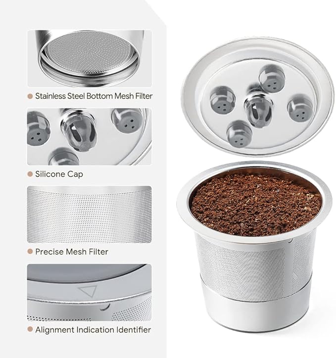 Stainless Steel Reusable K Cups for K eurig Supreme & Supreme Plus, Five Hole Universal K-eurig Reusable Refillable Coffee Pod Filter with Replacement Rubber O-ring