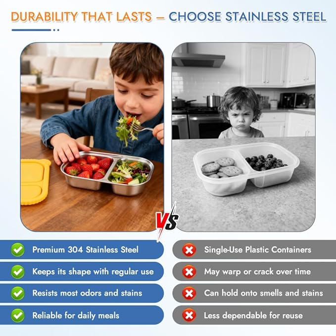 YQL 3 Pack Stainless Steel Food Containers with Colorful Silicone Lids – 2-Compartment Leakproof Lunch Snack Boxes for Meal Prep, Office, Travel, Camping – Reusable Bento Storage Set