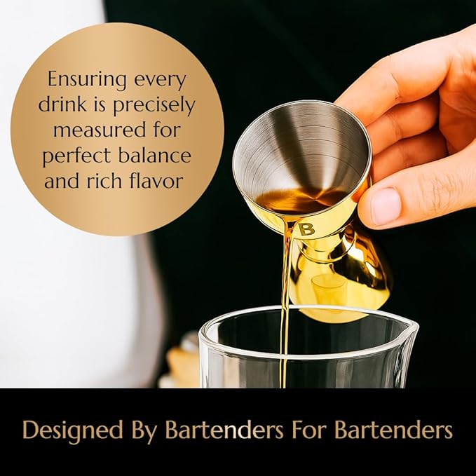 Double Bell Jigger by Bull In China - 0.25oz to 2oz Measures for Cocktails, Bars & Bartenders (Antique Brass)