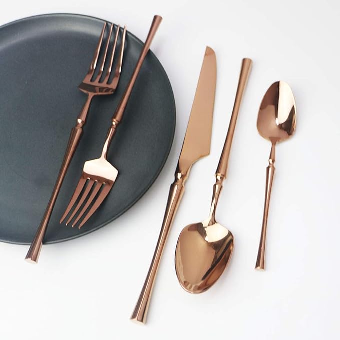 JASHII 5 Pieces Rose Silverware Set, Cutlery Set, Service for 1, 5 Pieces Rose Gold Plated Stainless Steel Flatware Set, Dishwasher Safe (Shiny Rose)