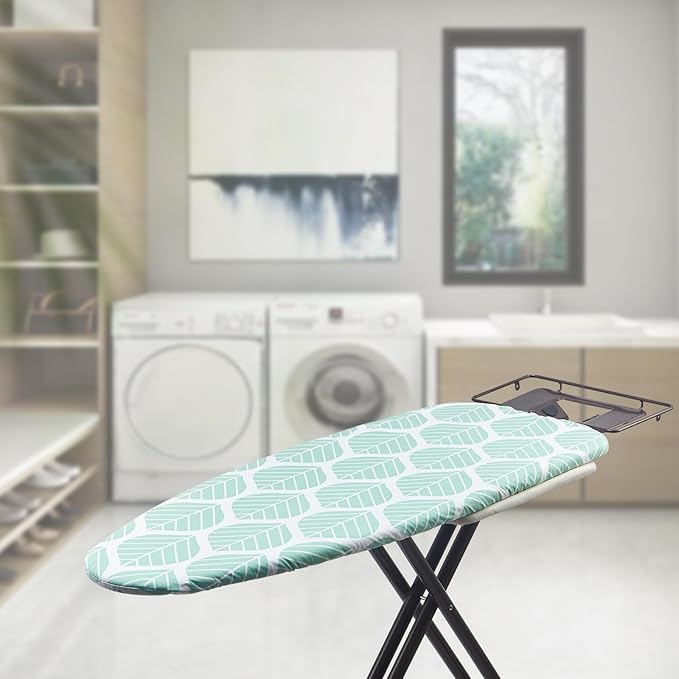 Seiritex Wide Ironing Board Cover and Pad 18 x 49 inch Heat Reflective with Hook and Loop Fasteners, Thick Padding with Elasticized Edges, 3 Layers Iron Board Cover (Green Leaf)