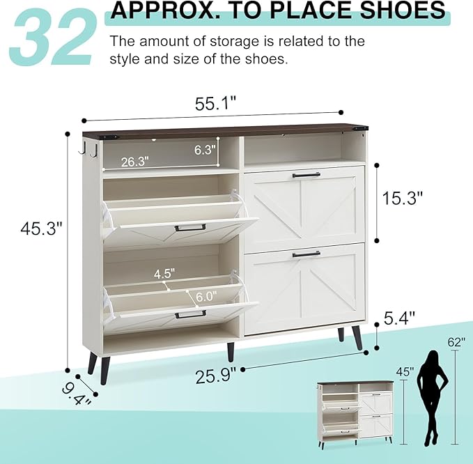 Shoe Storage Cabinet,Farmhouse Shoe Organizer with 4 Flip Drawers & Barn Door Design,Freestanding Hidden Slim Narrow Shoe Rack with Open Shelves for Entryway,Foyer,Hallway,Antique White