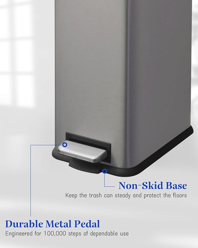 8 Gallon Slim Trash Can with Soft Close Lid, Stainless Steel Trash Can with Removal Inner Bucket, Hand -Free Trash Bin for Kitchen, Office, Laundry, Bathroom, 30 Liter Capacity, Kohler Grey