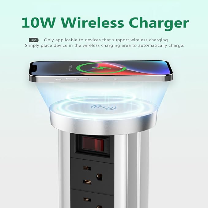 Pop Up Outlet Countertop with 10 W Wireless Charger, 4 Outlets,3 USB Ports, Splash Resistant, Automatic Pop Up Outlet for Kitchen Counter Islan, Office Conference Table