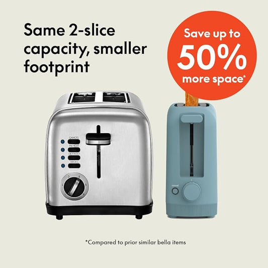 bella 2 Slice Slim Toaster, Fits-anywhere™ Kitchenware, 6 Setting Shade Control with Reheat & Cancel Buttons, Fits Sourdough, 10” Long Slot, Anti Jam & Auto Shutoff, 900 Watt, Surf