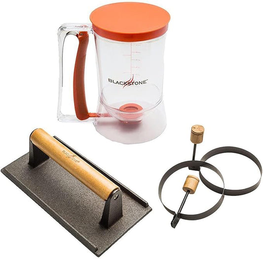 Blackstone 1543 4-Piece Griddle Breakfast Kit with Batter Dispenser, Bacon Press, and Two Egg Rings