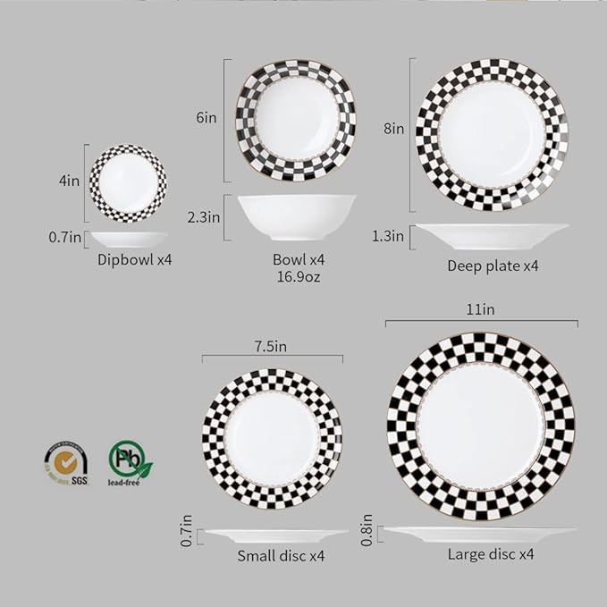 Porlien Checker Pattern 20-piece Round Dinnerware Set for 4, Porcelain Dinner Sets