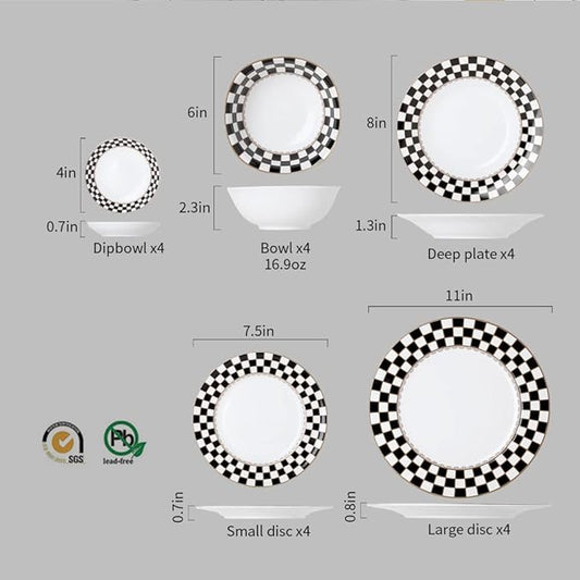 Porlien Checker Pattern 20-piece Round Dinnerware Set for 4, Porcelain Dinner Sets