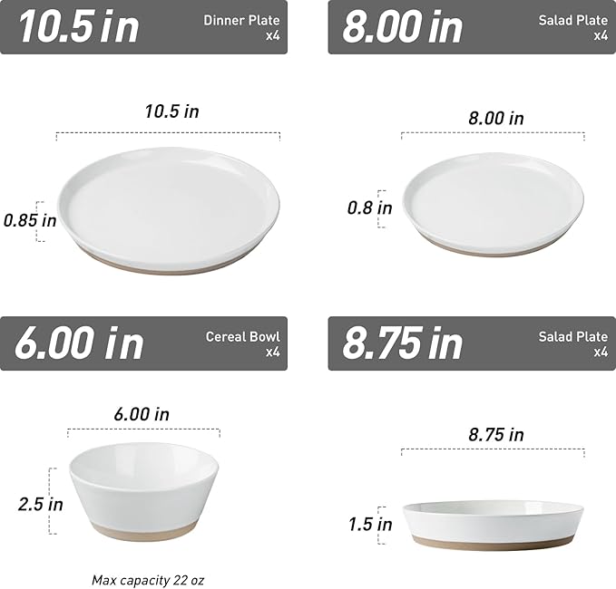 Famiware Saturn Dinnerware Set with Pasta Bowl, 16 Pieces Dish Set, Plates and Double Bowls Sets for 4, Chip and Scratch Resistant, Microwave and Dishwasher Safe Tableware, White
