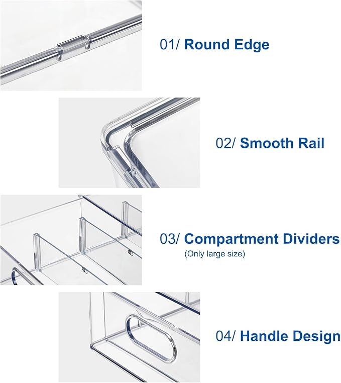 Fridge Drawer Pull Out Stackable Bins, Clear Refrigerator Stackable Organizers, Fridge Organizer Storage for Kitchen, Pantry, Vegetables, Fruits (4 Small)