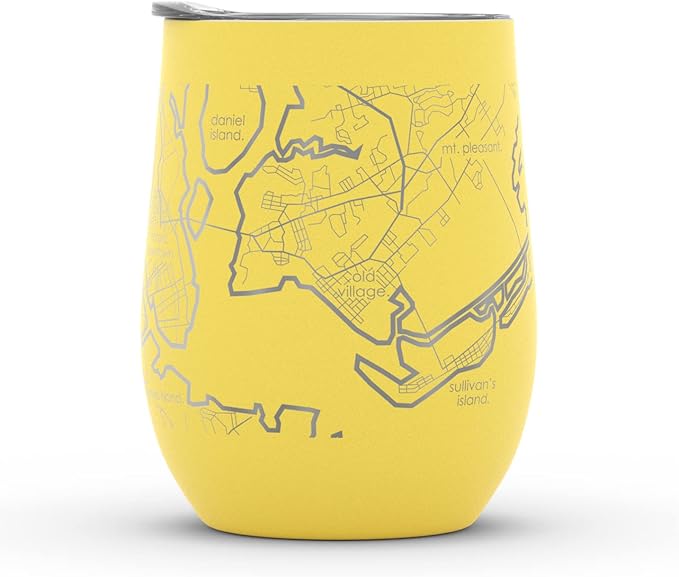 Well Told Engraved Charleston South Carolina Map Insulated Wine Tumbler, Etched Stainless Steel Cup (12 oz, Sunrise Yellow) City Map Insulated Tumbler, Custom Insulated Tumbler, Outdoor Drinkware