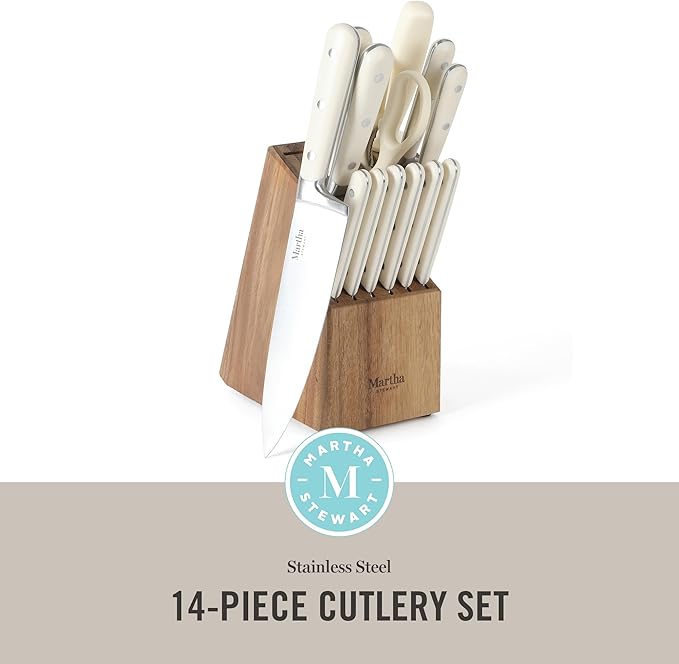 MARTHA STEWART Eastwalk 14 Piece High Carbon Stainless Steel Cutlery Kitchen Knife Block Set w/ABS Triple Riveted Forged Handle Acacia Wood Block - Linen White