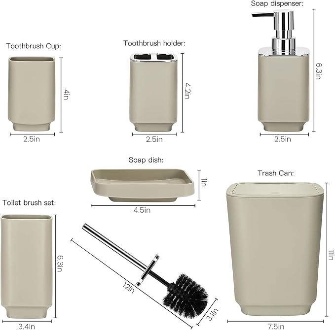 Bathroom Accessory Set 6 Piece Bathroom Accessories Set with Toothbrush Holder&Cup,Soap Dispenser& Dish,Toilet Brush Holder,Trash Can Plastic Gift Set for Bathroom Decorative Countertop (Coffee)