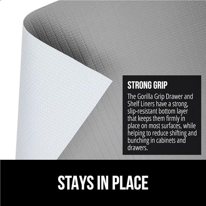 GORILLA GRIP Slip Resistant Drawer and Shelf Liner 2 Pack, Non Adhesive Water Resistant, Easy Clean and Trim, Smooth Surface Liners for Kitchen Cabinet Shelves Drawers Pantry 12 IN x 10 FT, Light Gray