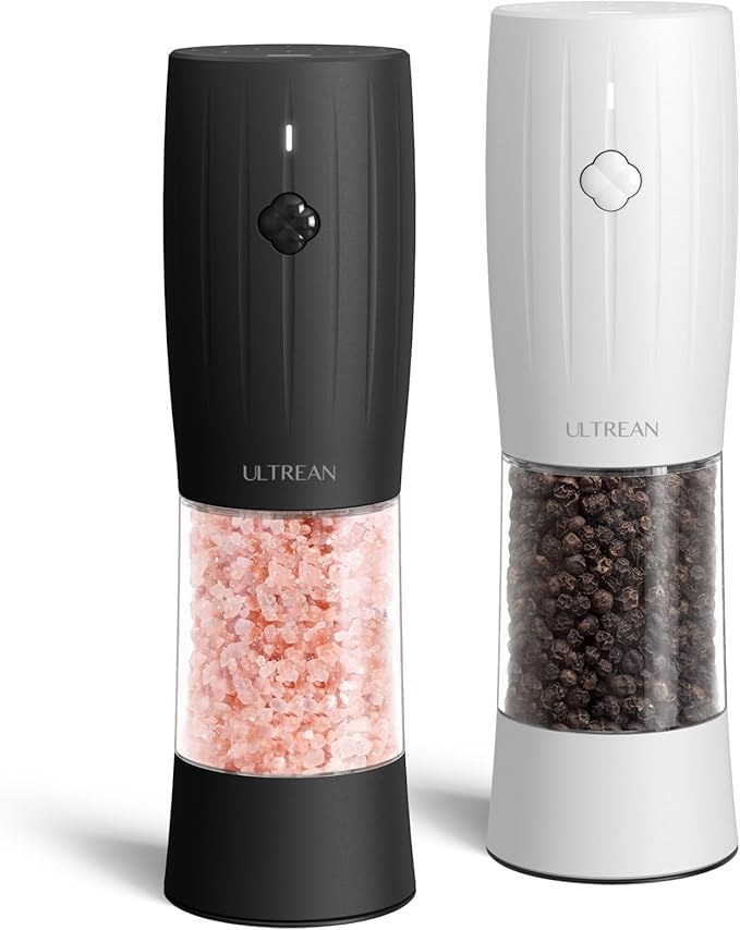 Ultrean Salt and Pepper Grinder Set, Rechargeable Automatic Pepper Mill Shakers, 6 Adjustable Coarseness, LED Light, Kitchen Gadget for House warming Gifts, Black & White