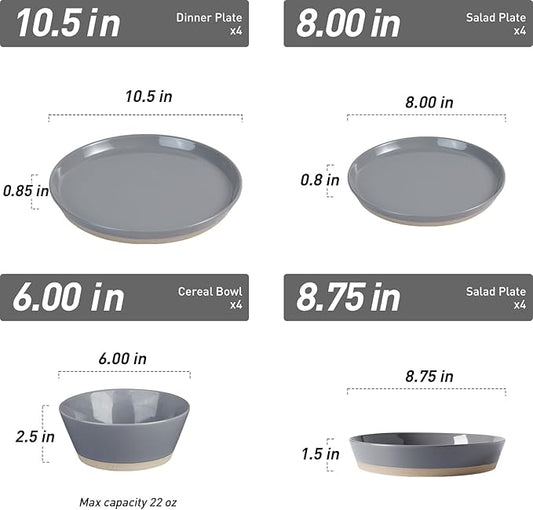 Famiware Saturn Dinnerware Set with Pasta Bowl, 16 Pieces Dish Set, Plates and Double Bowls Sets for 4, Chip and Scratch Resistant, Microwave and Dishwasher Safe Tableware, Dark Gray