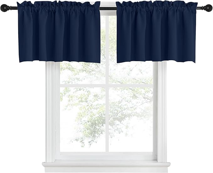 NICETOWN Window Curtain Valances for Kitchen Adjustable Length Double Rod Pocket Tailored Insulated Blackout Curtain Panels for Home Office, 52" Wide x 18" Long + 1.6" Header, Navy, 1 Pair