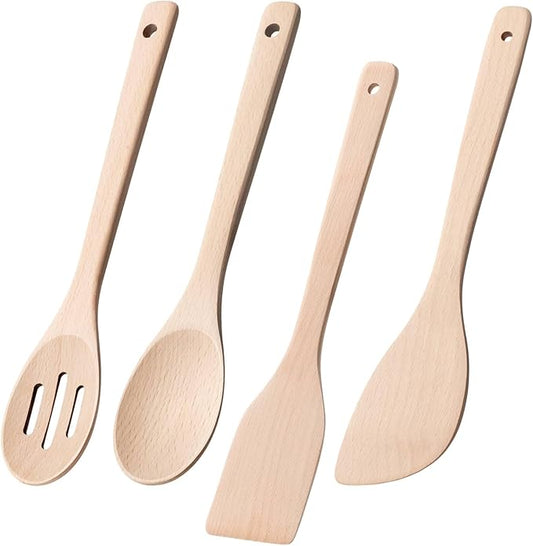 Wooden Spoons for Cooking, 4-Piece Wood Utensil Set Includes Slotted Spoon, Spoon & Wooden Spatula for Cooking – Uncoated Beech Wood Kitchen Utensil Set – 12 Inch Hardwearing Tools