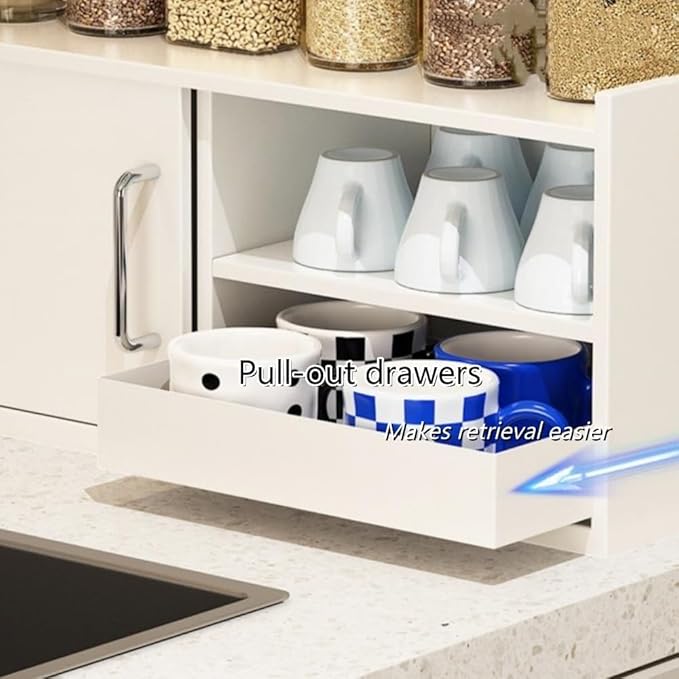 2-Tier Metal Spice Rack, Kitchen Countertop Organizer with Drawers, Tiered Coffee Mug Holder, Simple Coffee Bar Organizer with Sliding Door