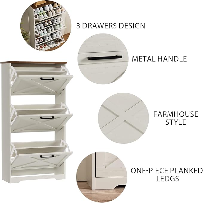 Shoe Cabinet for Entryway with 3 Flip Drawers, 3 Tier Freestanding, Slim Narrow Shoe Organizer Cabinet for Entryway, Hallway, Living Room White