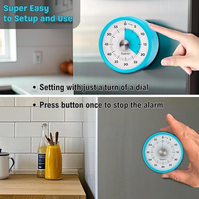 Searon Kitchen Timers for Cooking, Magnetic Visual Timer for Kids Teachers Classroom School ADHD Autism Oven or Adult with Special Needs (Blue)