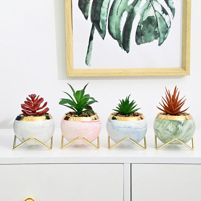 Simcat Succulent Pots with Drainage and Stands Mini Ceramic Flower Pot 4 Cactus Planter Pots Modern Round Succulent Plant Pots for Home Office Desktop Windowsill Décor (Patterned,4)