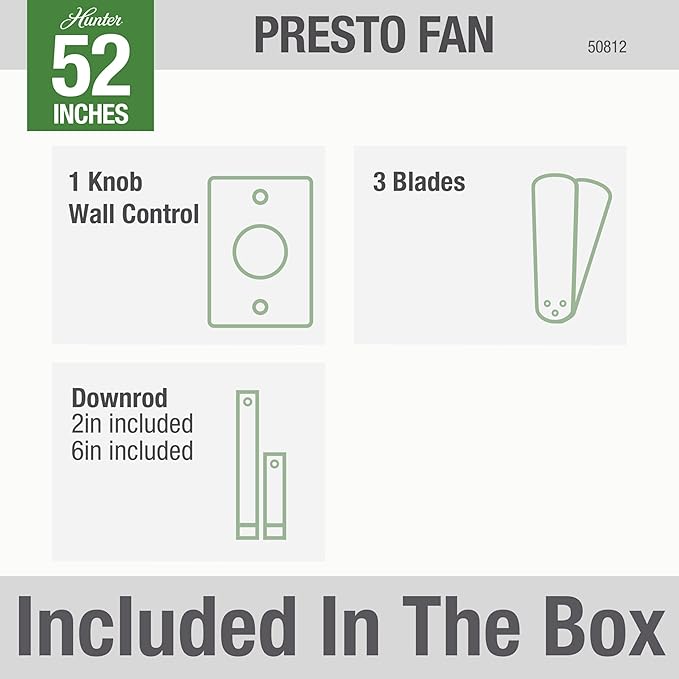 Hunter 52 inch Indoor Ceiling Fan No Light - Modern Ceiling Fan without Light, 3 Blades, Standard Mount, For Bedroom, Living Room, or Kitchen, Wall Control - Presto 50812, Matte Nickel