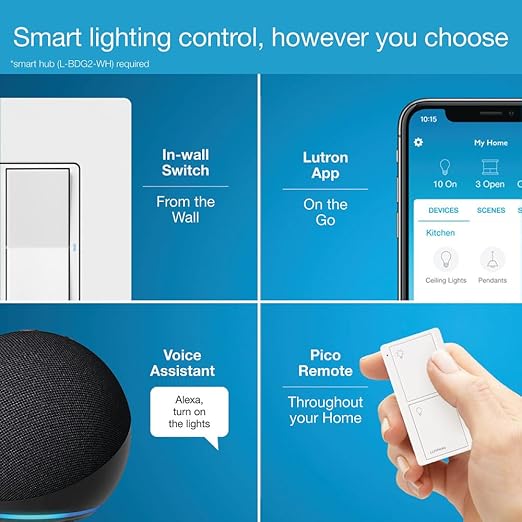 Lutron Claro Smart Light Switch for Caseta Lighting, for LED Lights, Fans, 5 Amp, Single-Pole/3-Way, Neutral Required, DVRF-5NS-BL, Black
