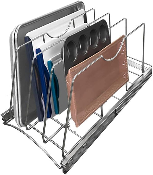 Pull Out Cookie Sheet Organizer for Cabinet, Pan and Pot Rack, Cutting Board Organizer Rack, Baking Tray Organizer for Cabinet, Adjustable Divider Width, 11" W x 22" D x 11.8" H, Chrome