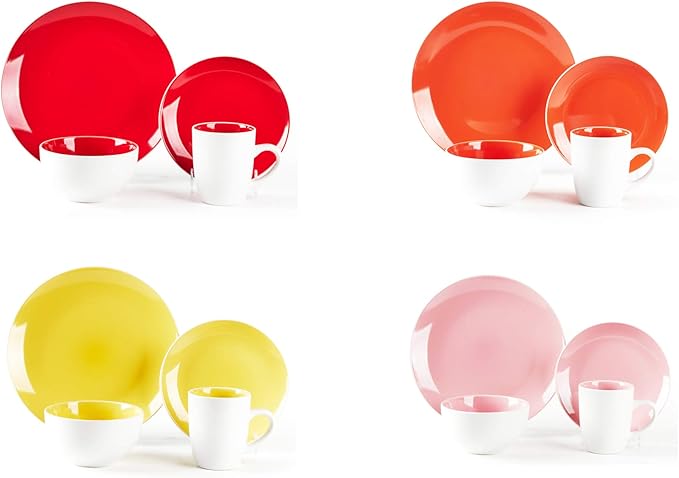 Stoneware Coupe Shape Dinnerware Set, Outside White + Inside (16pc Set, Very Rose)