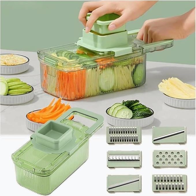 Vegetable Chopper,Food Slicer Cutter with Handheld Container, 6 Blades and Blade Box,Magnetic Kitchen Tools for Veggie Potato Onion Butter Carrot,Multipurpose Compact Kitchen Vegetable Slicer