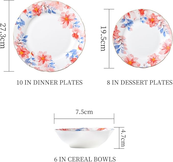 Exquisite ceramic tableware 3 Piece Bone China Modern Round Dishes Sets,Dinnerware dishset for Kitchen,Dinner Plate,Dessert Plate,Soup Bowl,Red flowers
