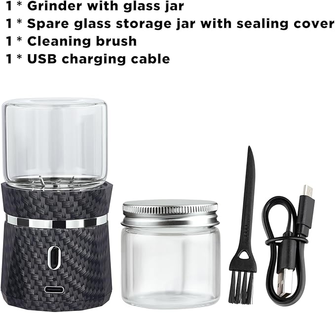 Electric Grinder Automatic Mini Size Spice Crusher with 2PCS Glass Jar of 1.7oz/50ml Rechargeable (not for grinding nut & coffee bean), Carbon Fiber Pattern