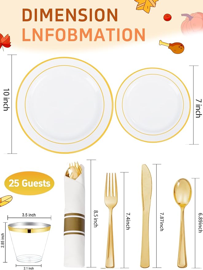 175PCS White and Gold Plastic Plates - Christmas Plates with Rolled Napkins for Party - 25Guest Disposable Dinnerware Sets for Party/Christmas/Wedding