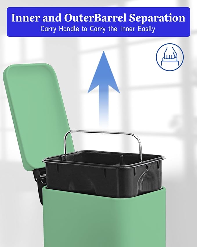 Bathroom Trash Can with Lid, 1.3 Gallon Trash Bin with Liner Bucket, Soft Close lid, Step on Green Trash Can, Stainless Steel Garbage Can for Restroom,Bedroom, Home Office