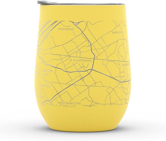 Well Told Engraved Louisville Kentucky Map Insulated Wine Tumbler, Etched Stainless Steel Cup (12 oz, Sunrise Yellow) City Map Insulated Tumbler, Custom Insulated Tumbler, Outdoor Drinkware