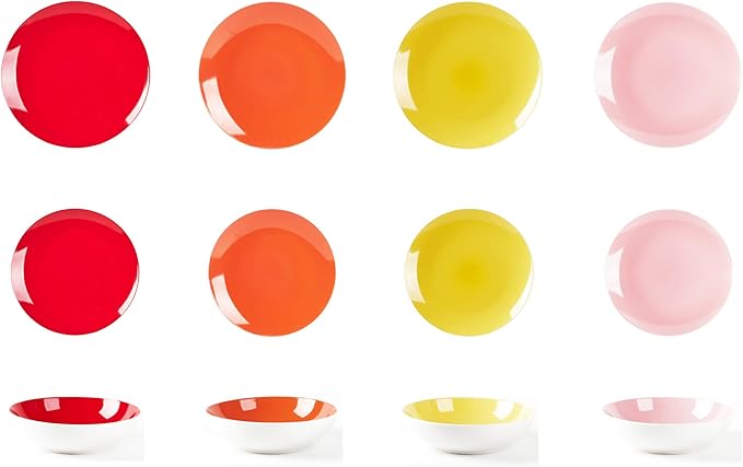 Stoneware Coupe Shape Dinnerware Set, Outside White + Inside (12pc Set, Very Rose)
