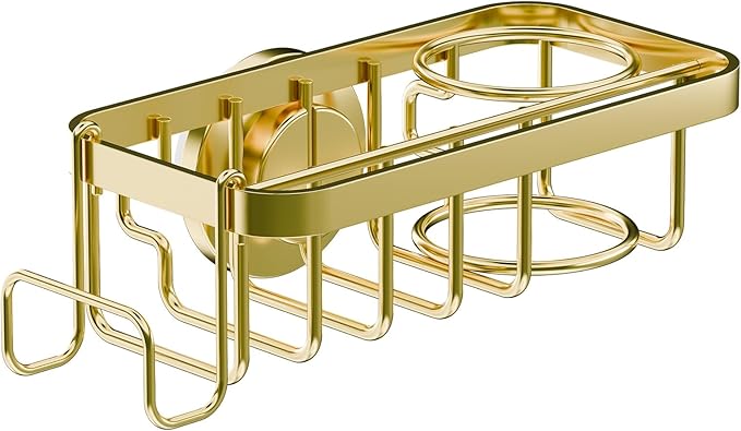 TAILI 4-in-1 Sponge Holder for Kitchen Sink with Strong Suction Cup Removable, Rustproof Aluminum Sink Caddy for Sponge, Brush, Scrubber, Scraper -Gold