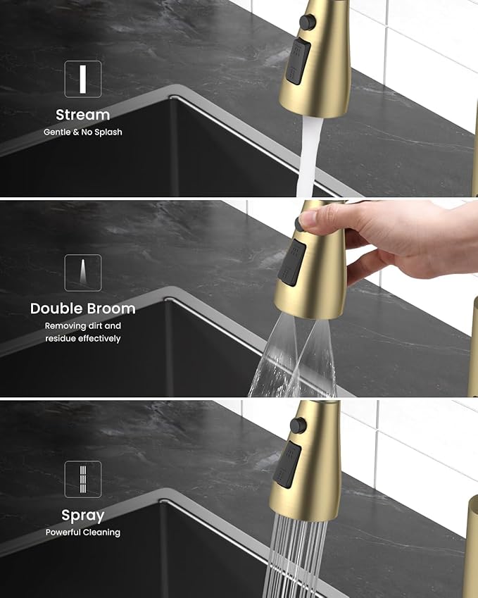 DAYONE Gold Touchless Kitchen Faucet with Soap Dispenser 3-Mode, Brushed Gold Motion Sensor Hands-Free Automatic Sink Faucet with Pull Down, Stainless Steel Single Handle Smart Faucets for Kitchen