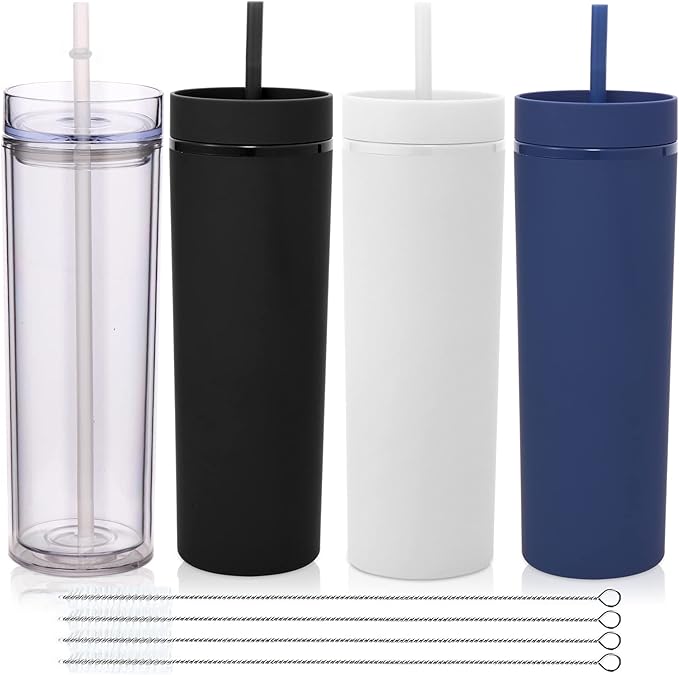 Volhoply 20oz Plastic Skinny Tumblers Bulk 4 Pack,Double Wall Tumbler with Lid and Straw,Reusable Travel Coffee Mug,BPA Free Matte Acrylic Water Cups With Straw for Party,DIY Gifts(Assorted, 4 Set)