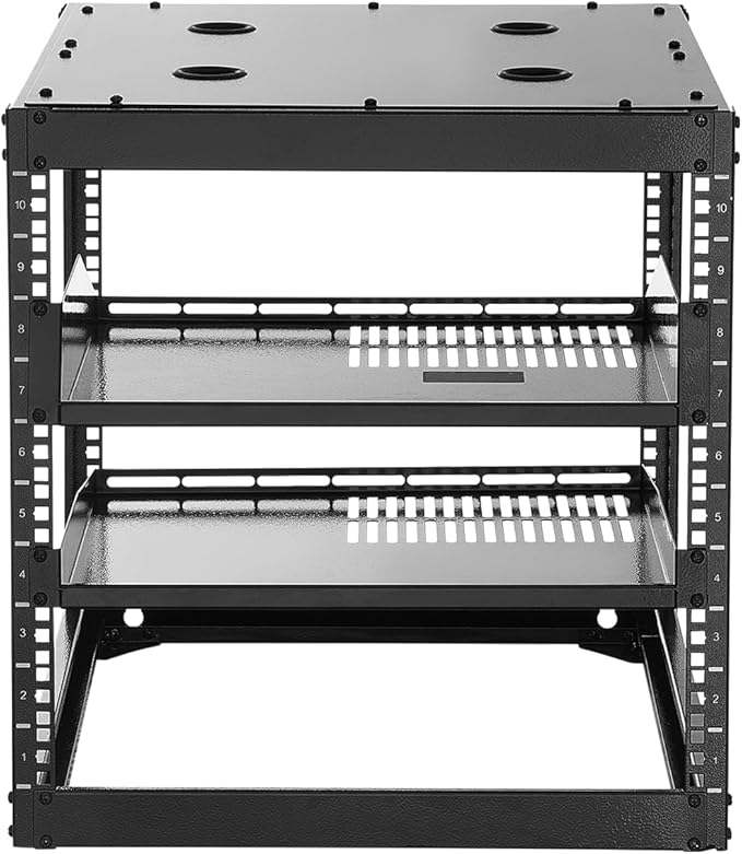 VEVOR 10U Server Rack, Open Frame Network Rack,4-Post Floor Standing or Wall Mounted, Includes 2PCS Vented 1U Rack Shelves & Mounting Hardware, Computer Wall Rack for 19" IT/AV Equipment