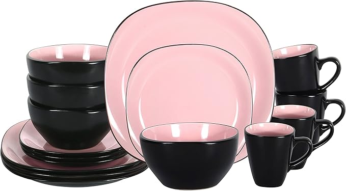 Stoneware Square 16pc Dinnerware Set, Inside Shiny Rose + Outside Matte Black