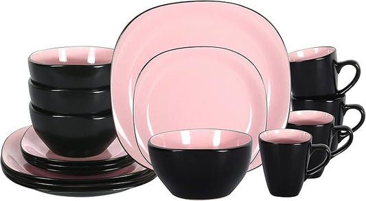 Stoneware Square 16pc Dinnerware Set, Inside Shiny Rose + Outside Matte Black